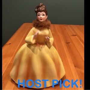 VINTAGE LADY PLANTER FUR COLLAR LADY HEAD VASE YELLOW DRESS